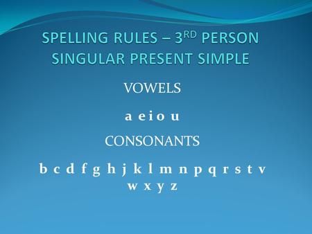 VOWELS a e i o u CONSONANTS b c d f g h j k l m n p q r s t v w x y z.