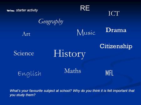  starter activity What’s your favourite subject at school? Why do you think it is felt important that you study them? History RE Music English Drama MFL.