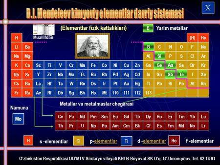 X (Elementlar fizik kattaliklari) Yarim metallar As